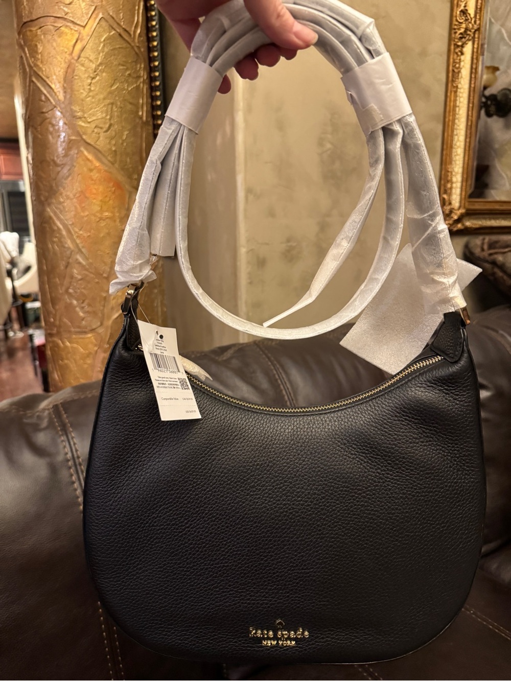 kate spade Black Pebbled Leather Crescent Shoulder Bag with Gold Hardware